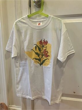 Hanes White Tee with Yellow Shape and Red Floral Graphic
